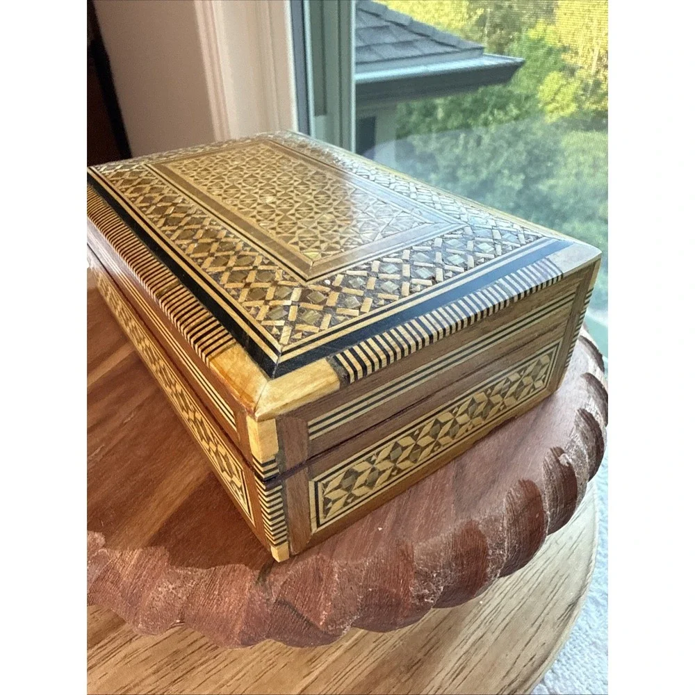 Vintage Ultra Micro Mosaic Mother Of Pearl Inlay Wooden Rectangle Box